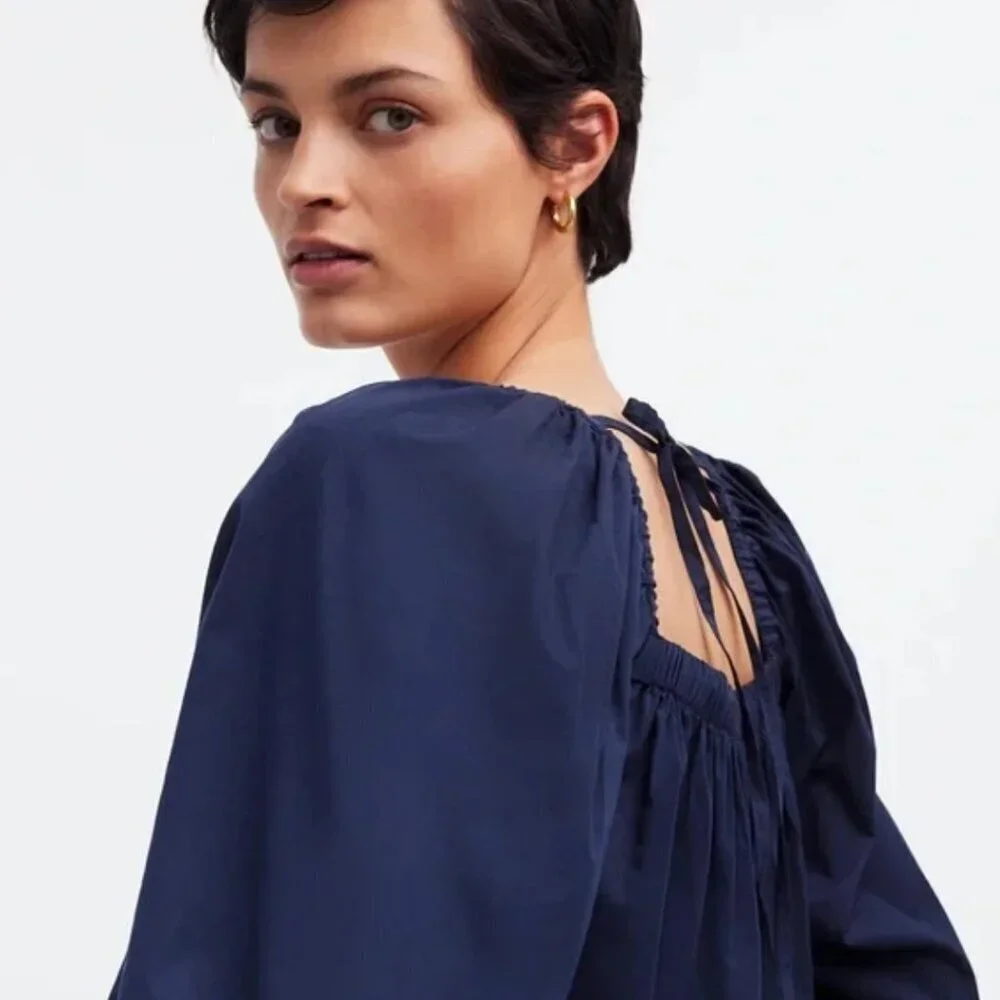 Madewell Puff Sleeve Navy Blue Cuffed Hem Womens Size 4 NWT Coastal Fall Top